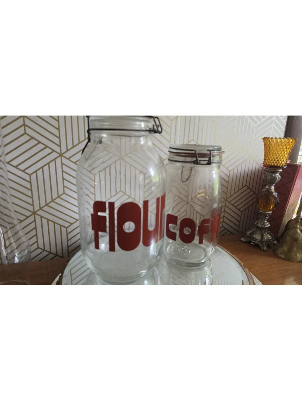 Vintage Triomphe Set Of Glass Coffee & Tea Canister Jars W/ Brown Text Bale Lids